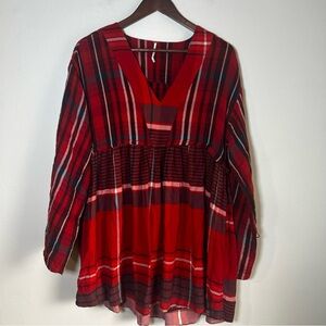 Free People Red Plaid Long Sleeve V Neck Tunic Top Women's